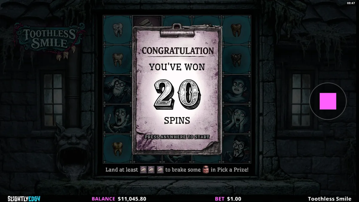 The dark and eerie interface of the Toothless Smile slot game featuring a dental horror theme.