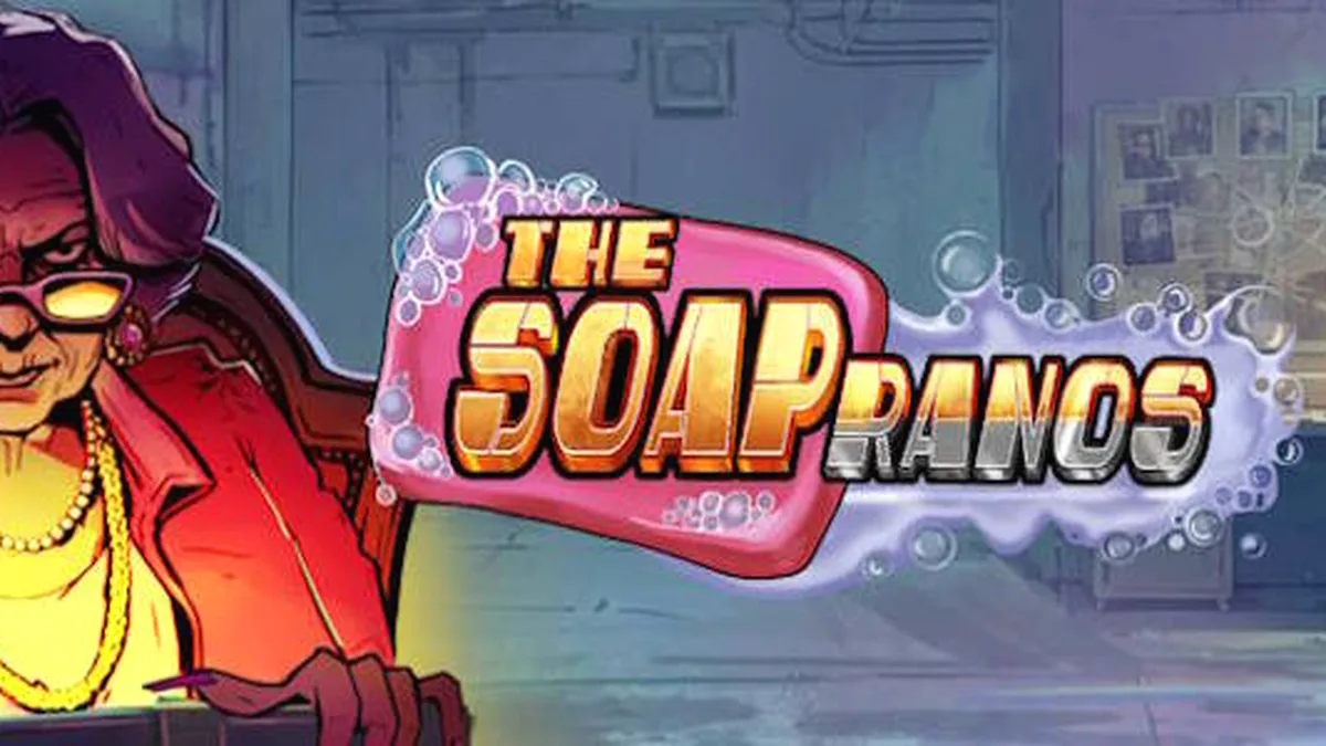 Tampilan visual slot Soapranos dengan elemen neon dan tema kriminal